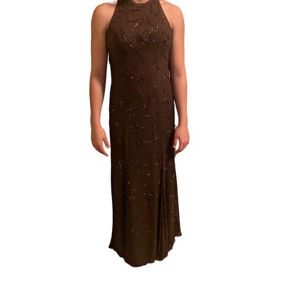 Vintage Creative Creations Dress 4 Brown Silk Crossback Long Sleeveless Formal - Picture 1 of 6